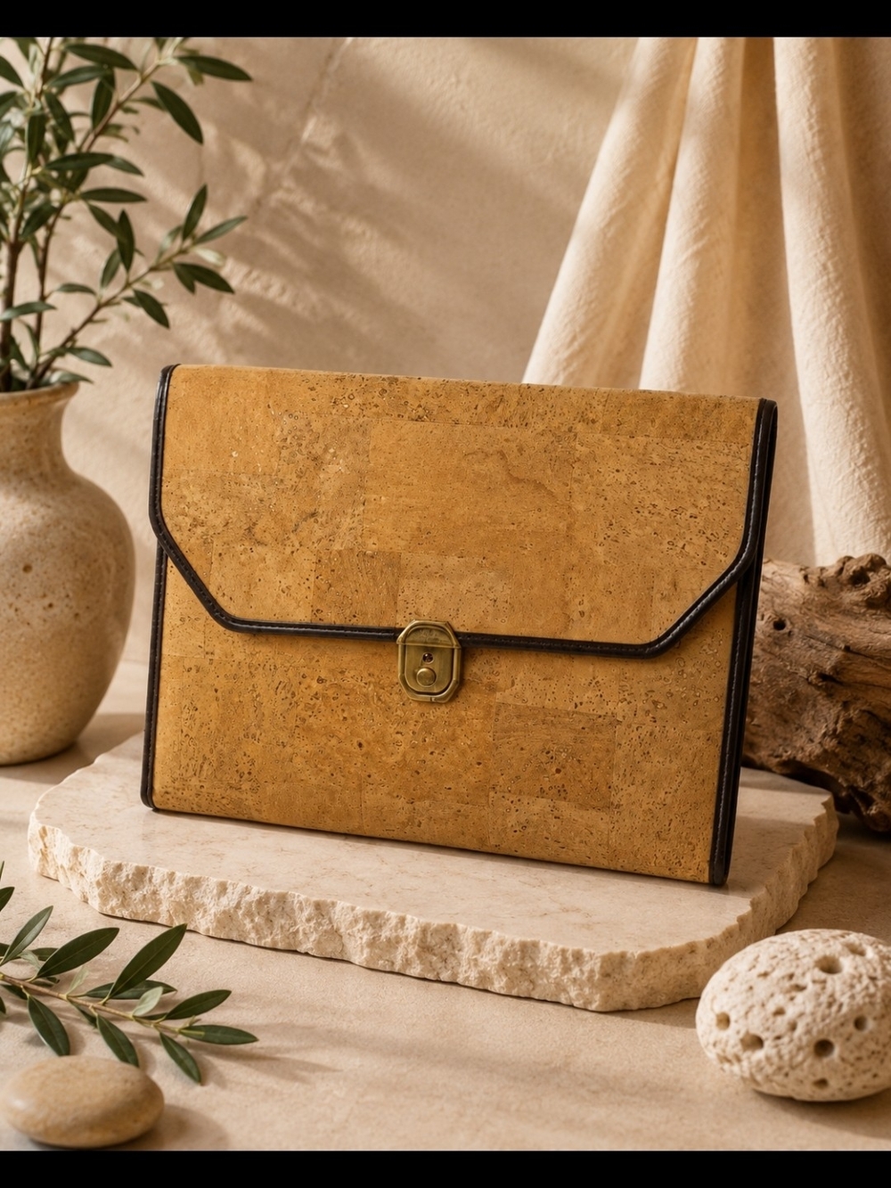 Cork Briefcase Document Holder with Brass Turn-Lock And Heather Trim.